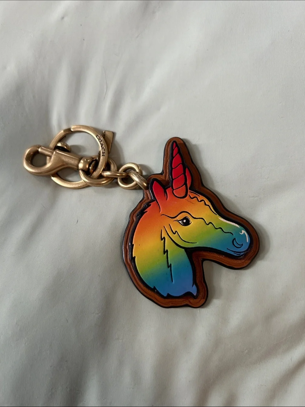 Coach Brown Unicorn Leather Key Ring with Gold Hardware